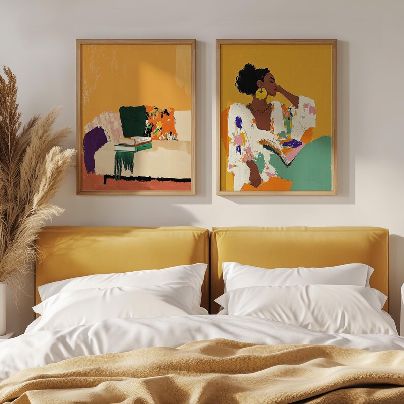 Set x2 Cuadros Decorativos, Living, Ilustraciones Modernas Marco Natural