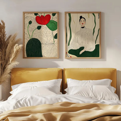 Set x2 Cuadros Decorativos, Living, Ilustraciones Modernas Marco Natural