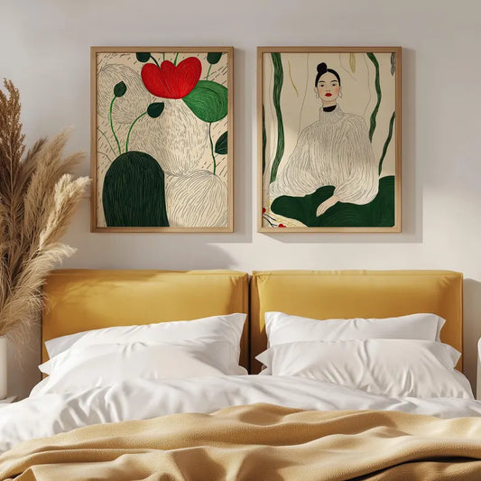 Set x2 Cuadros Decorativos, Living, Ilustraciones Modernas Marco Natural