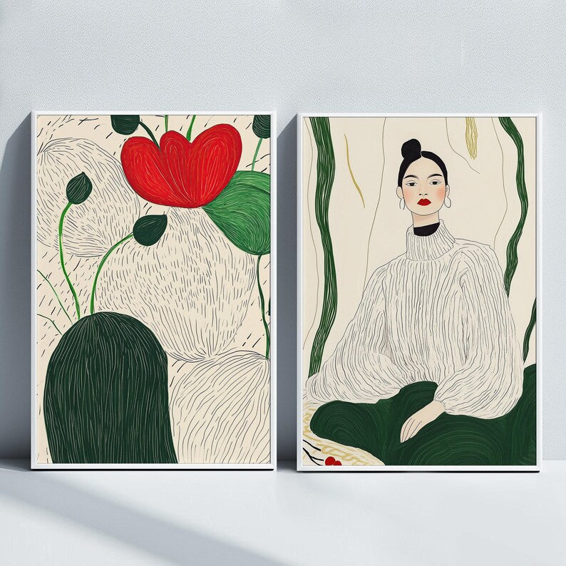 Set x2 Cuadros Decorativos, Living, Ilustraciones Modernas Marco Natural