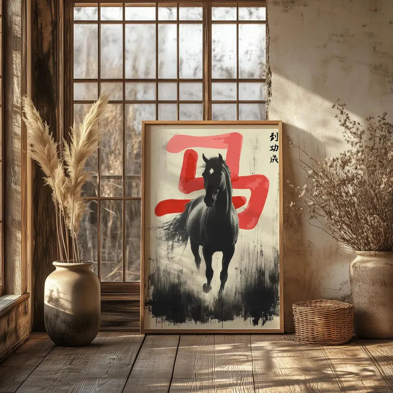 Cuadro Decorativo Póster Caballos, Letras Japonesas