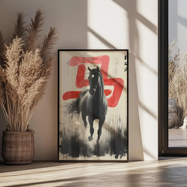 Cuadro Decorativo Póster Caballos, Letras Japonesas