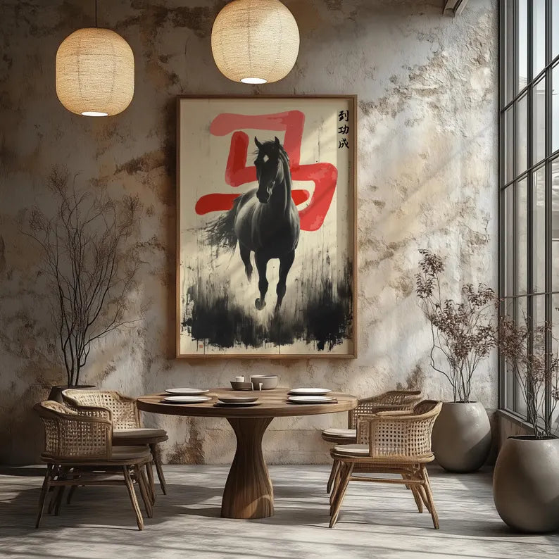 Cuadro Decorativo Póster Caballos, Letras Japonesas