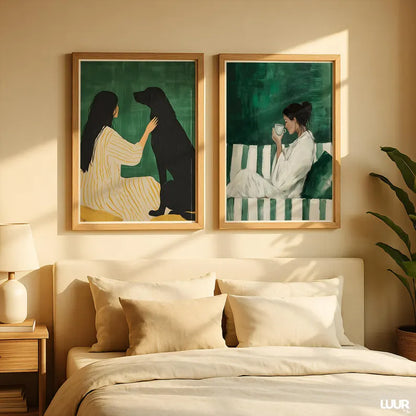 Set x2 Cuadros Decorativos, Living, Ilustraciones Modernas Marco Natural
