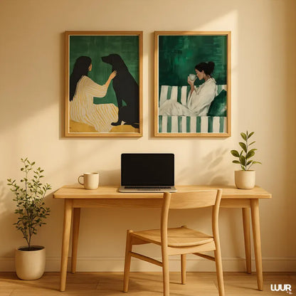 Set x2 Cuadros Decorativos, Living, Ilustraciones Modernas Marco Natural
