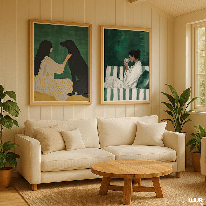 Set x2 Cuadros Decorativos, Living, Ilustraciones Modernas Marco Natural