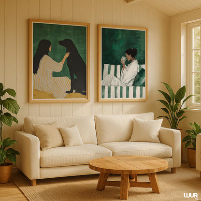 Set x2 Cuadros Decorativos, Living, Ilustraciones Modernas Marco Natural