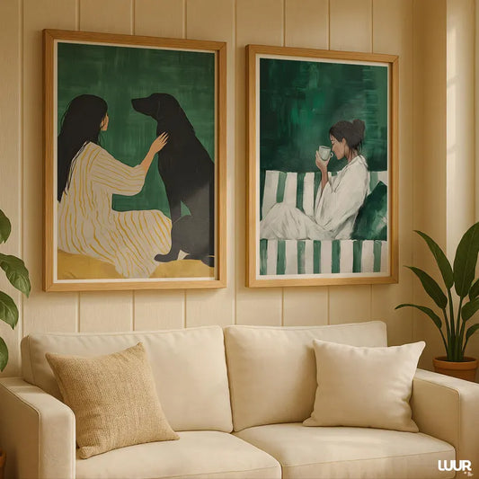 Set x2 Cuadros Decorativos, Living, Ilustraciones Modernas Marco Natural