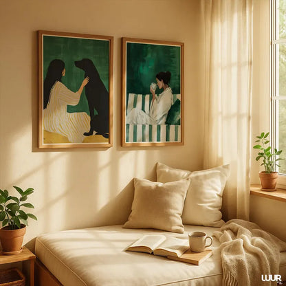 Set x2 Cuadros Decorativos, Living, Ilustraciones Modernas Marco Natural